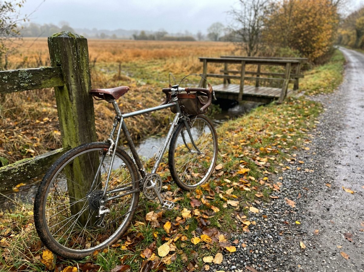 An old steel bike upside down on a wooden back step, a rag and a small oil bottle beside it, wet autumn leaves on the boards