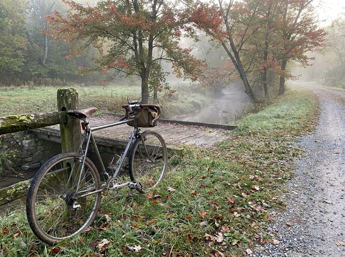 An old steel bicycle leaning on a wooden fence beside a foggy creek on a cold autumn morning