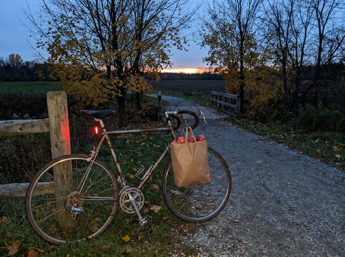 An old steel bicycle leaning on a wooden fence by a country road at dusk, a bag of apples hanging from the handlebar