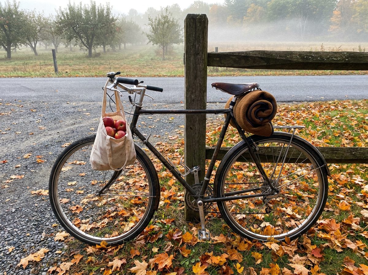 An old steel bicycle leaning against a wooden fence post beside an orchard, a bag of apples hanging from the handlebar