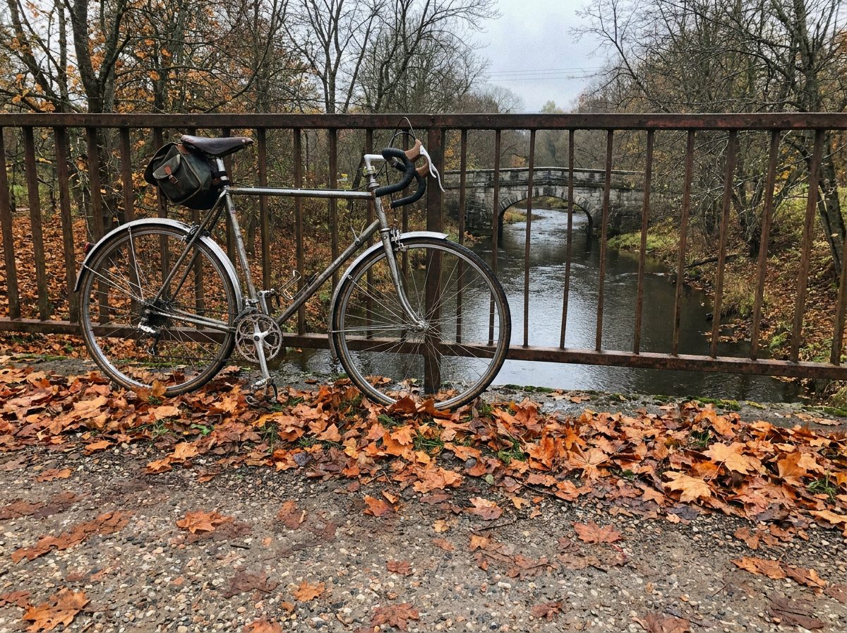 An old steel bicycle leaning on an iron bridge railing above a road covered in wet maple leaves